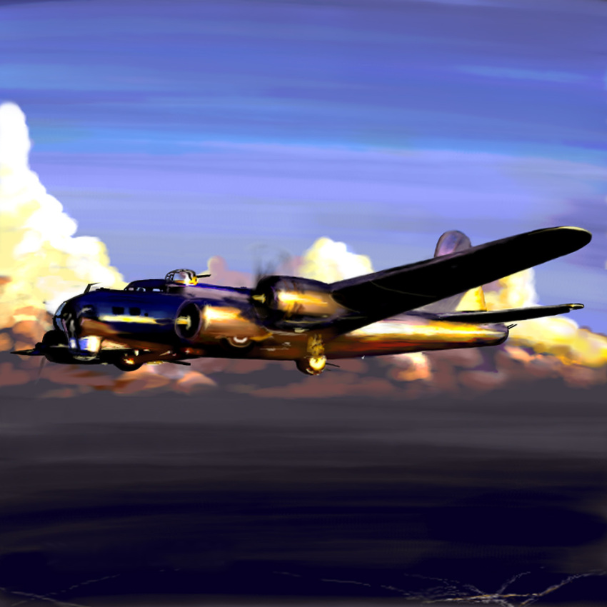 b-17 bomber chipika cloud clouds flying gun highres military no_humans original pilot sky sunset weapon world_war_ii wwii
