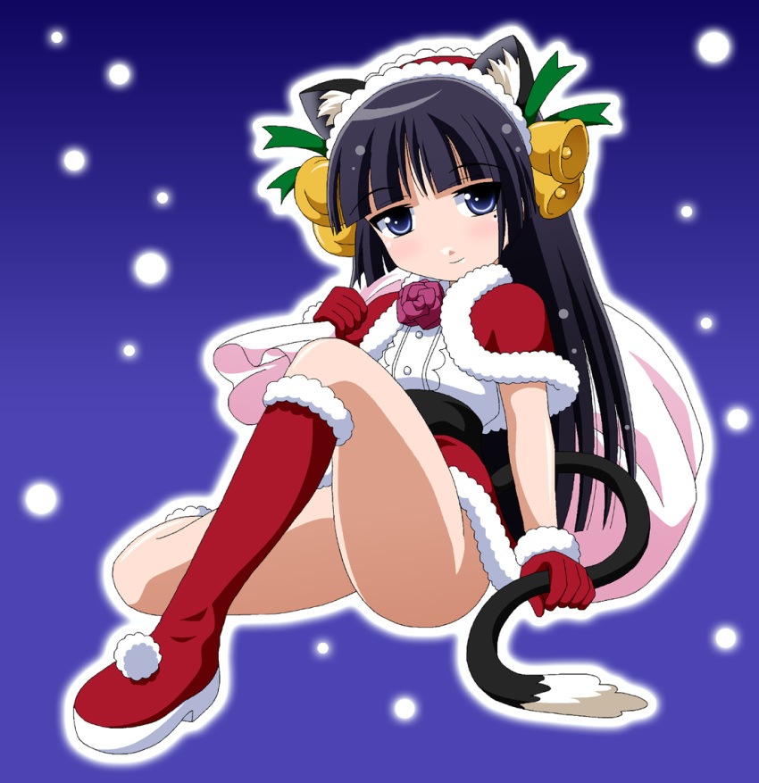 animal_ears bad_id bell black_hair blue_eyes boots christmas gokou_ruri hair_ornament hairband imai_kazunari long_hair ore_no_imouto_ga_konna_ni_kawaii_wake_ga_nai santa_boots santa_costume sitting snowflakes solo tail