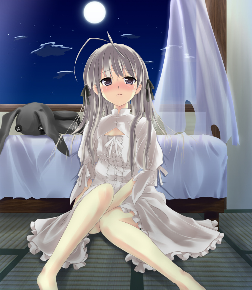 artist_request bed blush dress grey_eyes hair_ribbon highres kasugano_sora long_hair moon night ribbon shika silver_hair sitting stuffed_animal stuffed_toy yosuga_no_sora