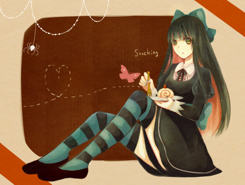 aona_sharp bad_id butterfly cake eating food gothic_lolita green_eyes green_ribbon hair_ribbon lolita_fashion long_hair multicolored_hair open_mouth panty_&amp;_stocking_with_garterbelt ribbon sitting solo stocking_(character) stocking_(psg) striped striped_legwear striped_thighhighs thigh-highs thighhighs two-tone_hair