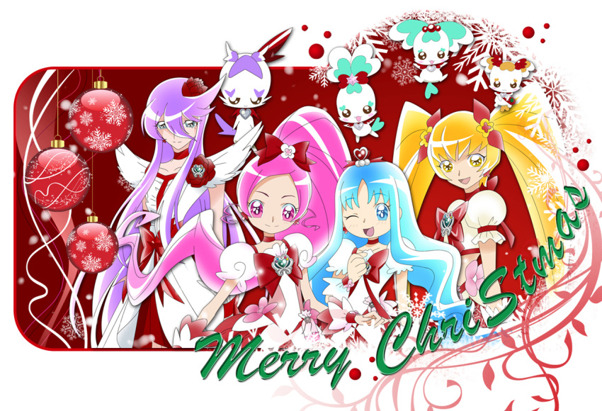 alternate_color bad_id blonde_hair blue_eyes blue_hair christmas chypre_(heartcatch_precure!) coffret coffret_(heartcatch_precure!) cologne_(heartcatch_precure!) cologne_(precure) cure_blossom cure_marine cure_moonlight cure_sunshine hanasaki_tsubomi heart heartcatch_precure! kurumi_erika long_hair magical_girl merry_christmas multiple_girls myoudouin_itsuki pink_eyes pink_hair ponytail potpourri_(heartcatch_precure!) potpourri_(precure) precure purple_hair red_background shypre tsukikage_yuri twintails wanco wink yellow_eyes