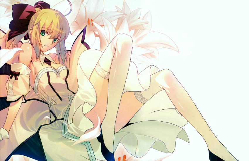 absurdres ahoge blonde_hair bow fate/stay_night fate/unlimited_codes fate_(series) flower green_eyes hair_bow hair_ribbon highres lily_(flower) ponytail ribbon saber saber_lily solo takeuchi_takashi thigh-highs thighhighs thighs white_legwear white_thighhighs