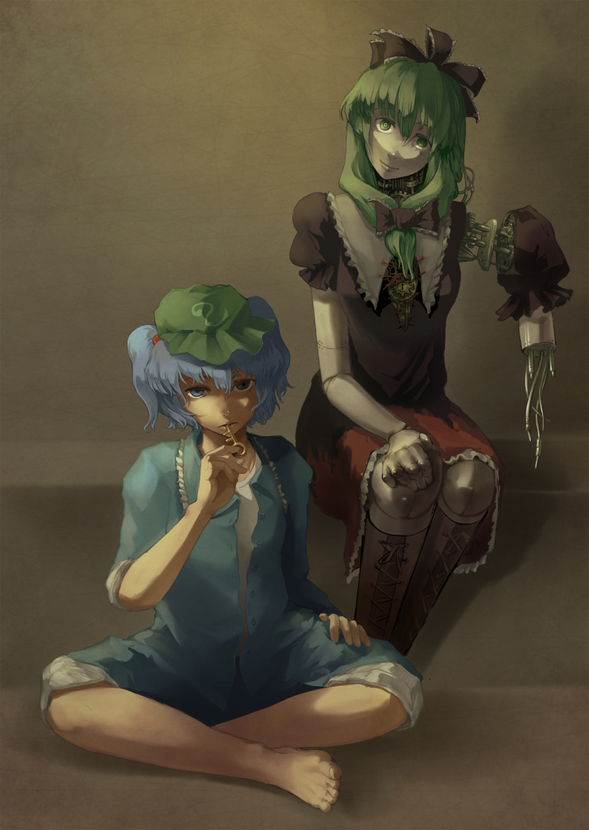 android barefoot blue_eyes blue_hair bow cable empty_eyes feet green_eyes green_hair hair_bow hat highres kagiyama_hina kawashiro_nitori key multiple_girls plus-kitsch robot_joints sitting smile touhou