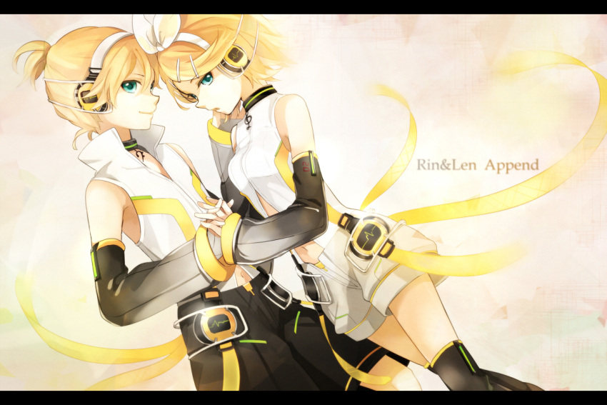 1girl aqua_eyes belt blonde_hair bridal_gauntlets brother_and_sister detached_sleeves elbow_gloves gloves hair_ornament hair_ribbon hairclip headphones holding_hands kagamine_len kagamine_len_(append) kagamine_rin kagamine_rin_(append) len_append letterboxed navel navel_cutout ribbon rin_append short_hair shorts siblings smile tama_(songe) thighhighs twins vocaloid vocaloid_append
