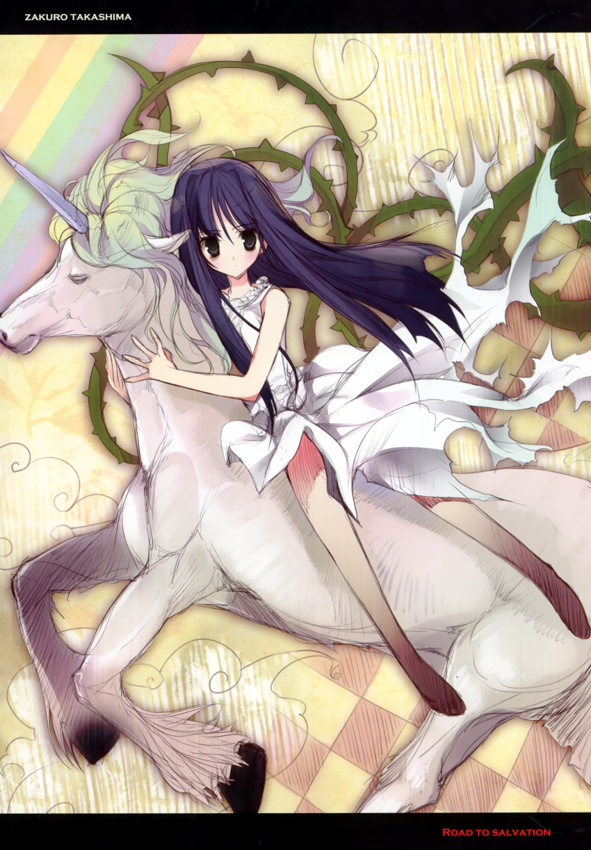 barefoot black_eyes black_hair dress highres karory long_hair riding solo subarashiki_hibi takashima_zakuro thorns unicorn