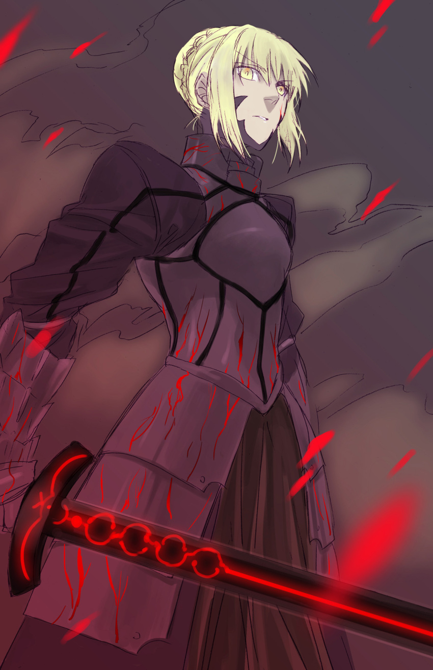 armor armored_dress blonde_hair dark_persona dress fate/stay_night fate_(series) faulds hali highres saber saber_alter solo sword weapon yellow_eyes