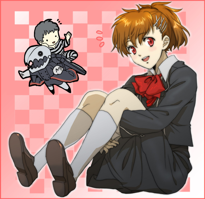 :d brown_hair female_protagonist_(persona_3) footwear hair_ornament hairpin highres kneehighs leg_hug open_mouth persona persona_3 persona_3_portable pharos red_eyes school_uniform sitting smile socks thanatos