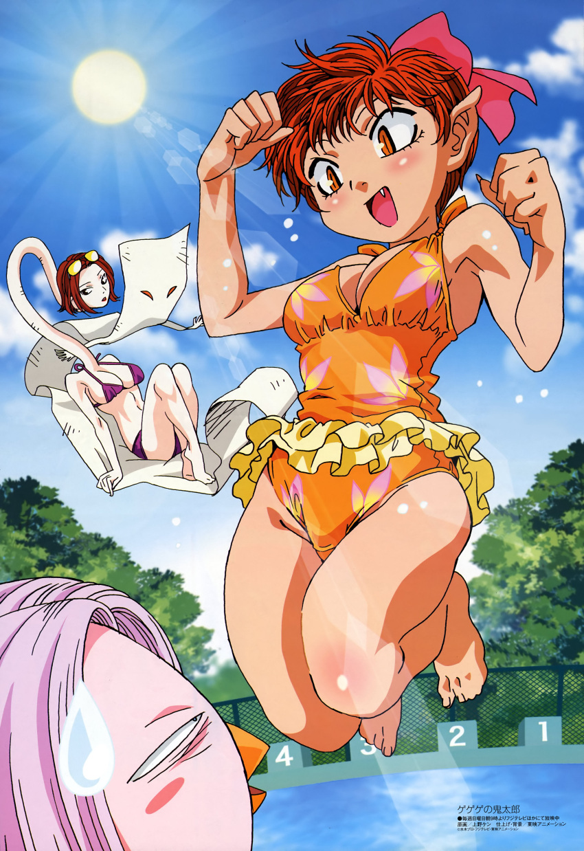 :d absurdres amabie arm_support armpits bangs barefoot beak bikini blush blush_stickers body_blush bow breasts casual_one-piece_swimsuit chainlink_fence cleavage clenched_hands cloud eye_contact fang feet fence fingernails flying frilled_swimsuit frills gegege_no_kitarou hair_bow highres ittan-momen jumping large_breasts legs lens_flare lipstick long_fingernails long_neck looking_at_another makeup megami monster_girl multiple_girls navel nekomusume official_art one-piece_swimsuit open_mouth orange_eyes outdoors pink_hair pointy_ears pool reclining red_hair redhead rokuro-kubi scan short_hair sideboob sky slit_pupils smile starting_block string_bikini sun sunglasses sunglasses_on_head sweatdrop swimsuit tiptoes tree ueno_ken water