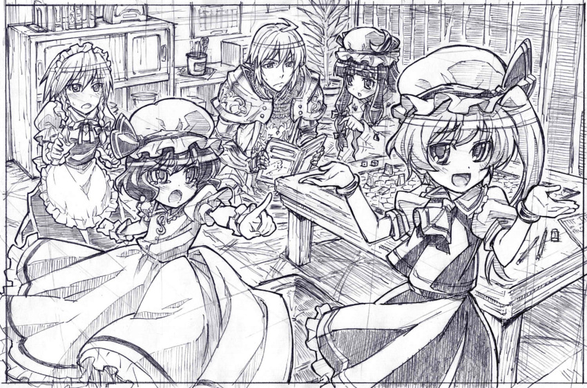 battletech blush board_game book bow bracelet braid buront crescent dice final_fantasy final_fantasy_xi flandre_scarlet graphite_(medium) hair_bow hands hat izayoi_sakuya jewelry long_hair maid maid_headdress monochrome no_wings patchouli_knowledge pencil playing_games pointing reading remilia_scarlet room sakino_shingetsu short_hair shrug side_ponytail smile sweatdrop table tabletop_rpg tears the_iron_of_yin_and_yang touhou traditional_media twin_braids wrist_cuffs