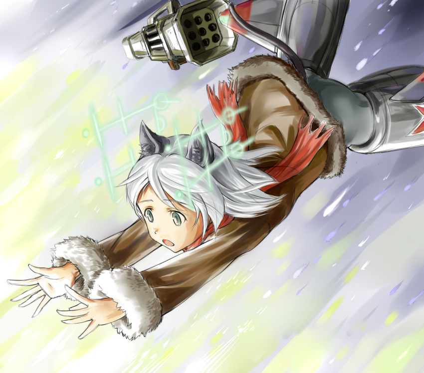 animal_ears ass coat green_eyes munmun open_mouth outstretched_arms pantyhose reaching rocket_launcher sanya_v_litvyak scarf short_hair silver_hair solo strike_witches striker_unit tail weapon