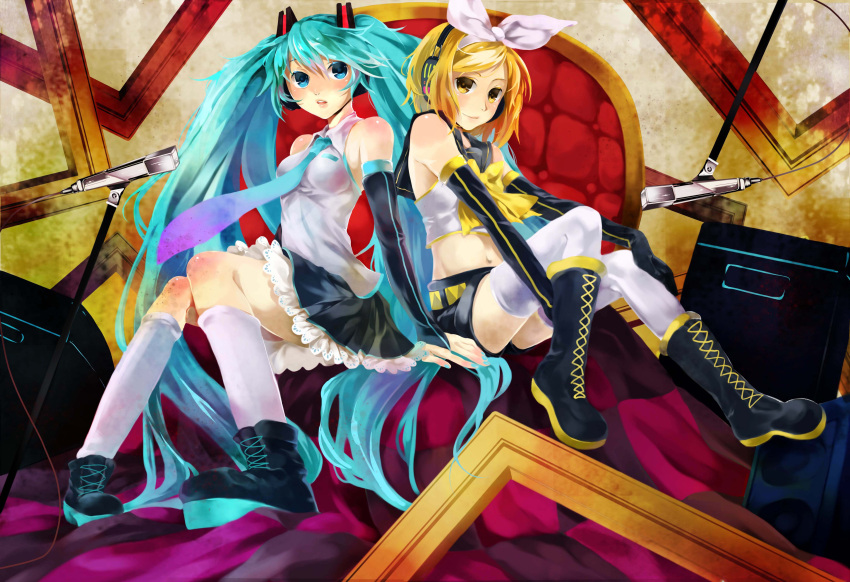 absurdres aqua_hair bad_id bare_shoulders belt blonde_hair blue_eyes boots breasts elbow_gloves frame gloves hair_ribbon hatsune_miku headphones highres kagamine_rin koyuiko long_hair microphone microphone_stand midriff multiple_girls navel necktie open_mouth ribbon short_hair sitting skirt smile speaker thigh-highs thighhighs twintails very_long_hair vocaloid yellow_eyes