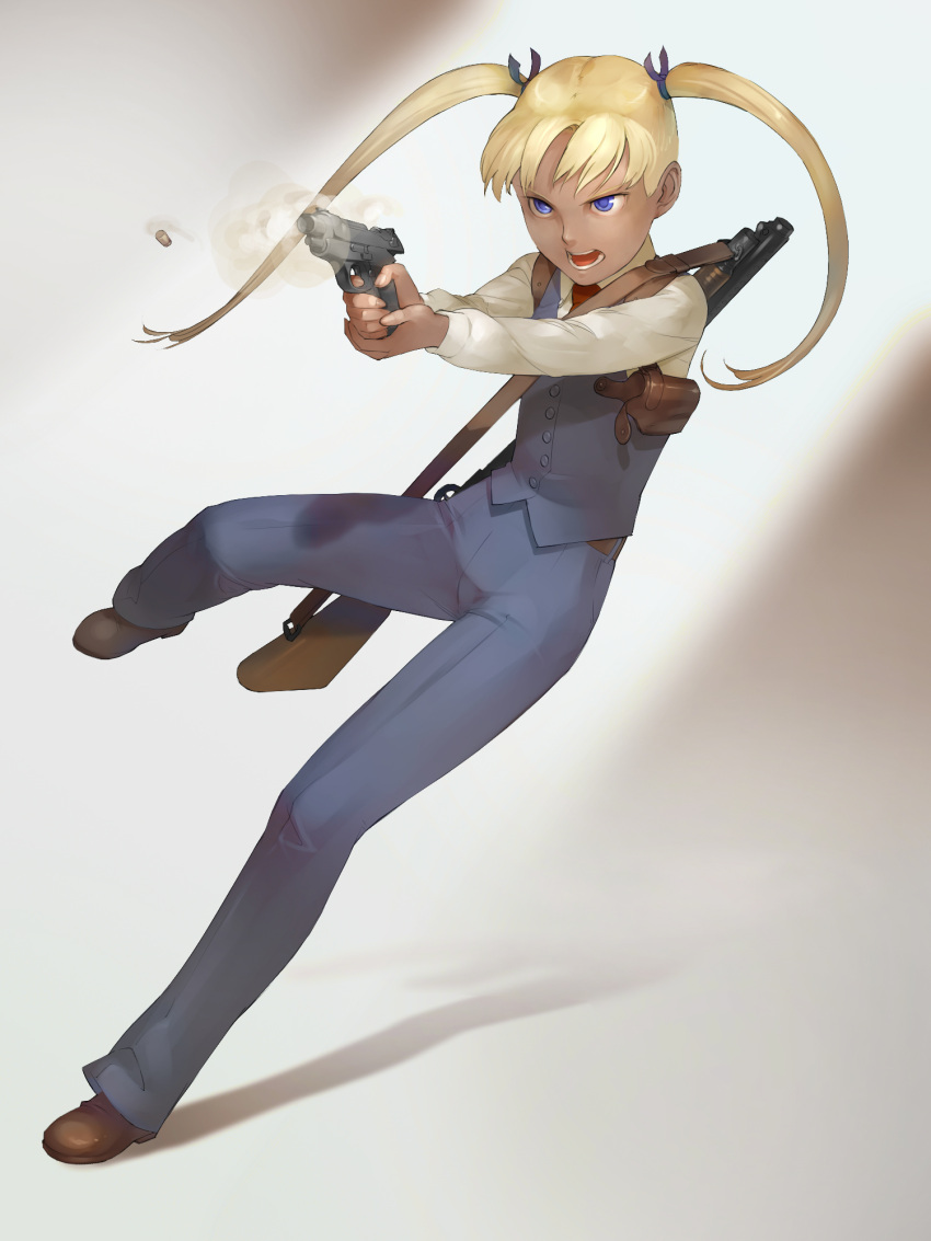 asa_(y-asa) blonde_hair blue_eyes bullet bullet_casing casing_ejection dark_skin error formal grimace gun gunslinger_girl handgun highres holster long_hair necktie pants pistol racking_slide shadow shell_casing shotgun sling smoke smoking_gun triela twintails waistcoat weapon