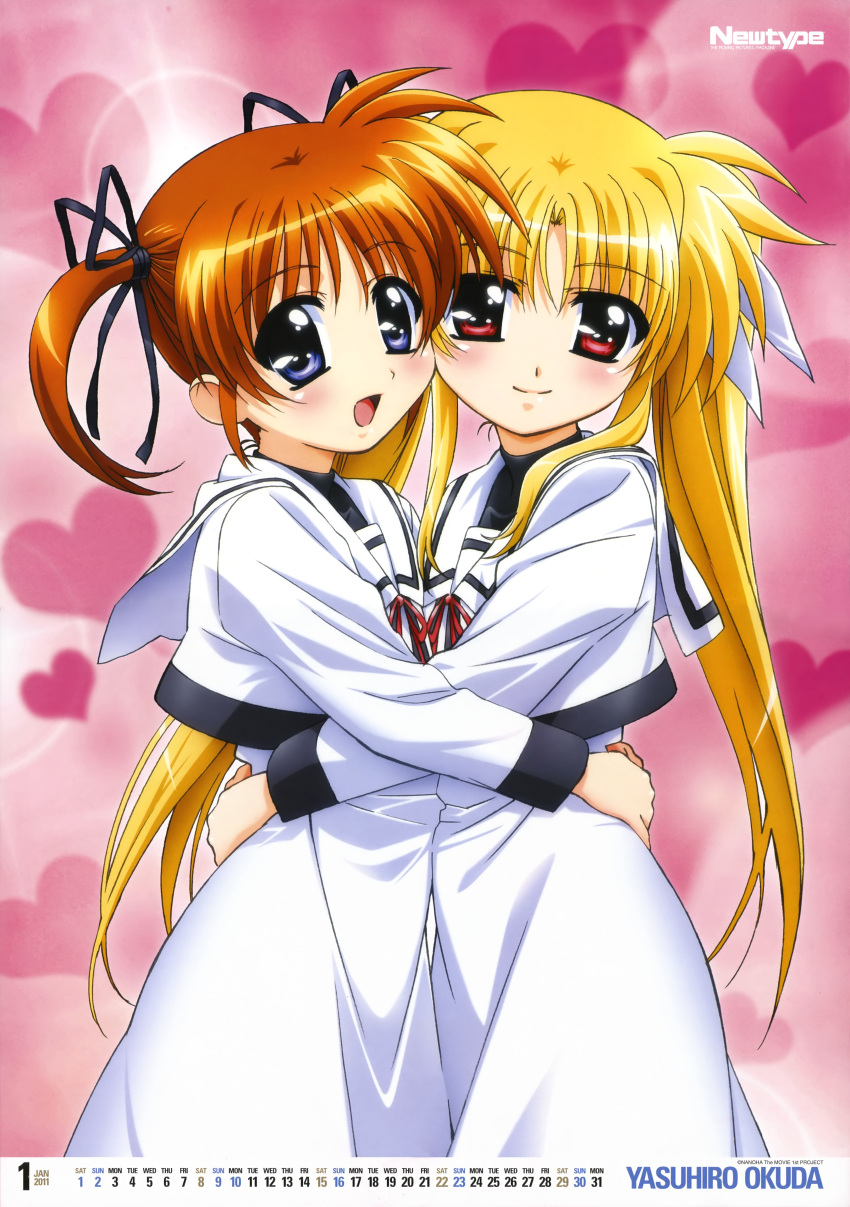 blonde_hair blue_eyes blush brown_hair calendar fate_testarossa hair_ribbon highres hug lyrical_nanoha mahou_shoujo_lyrical_nanoha mahou_shoujo_lyrical_nanoha_the_movie_1st okuda_yasuhiro purple_eyes red_eyes ribbon school_uniform smile takamachi_nanoha twintails yuri