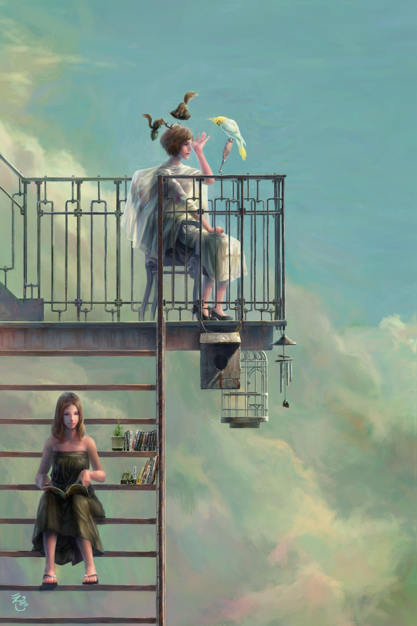 acorn ag+_(atelieriji) atelieriji bird birdcage book brown_hair cage chair cloud clouds cockatiel dress hand_mirror highres horns making_of mirror multiple_girls original plant potted_plant reading realistic scenery shoes signature sitting sky squirrel stairs surreal wind_chime