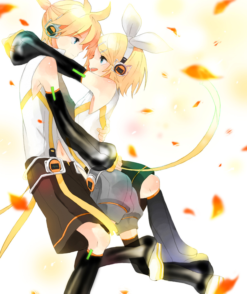 1girl absurdres aqua_eyes bad_id blonde_hair blue_eyes brother_and_sister couple detached_sleeves earphones female hair_ornament hair_ribbon hairclip headphones hechima_(issindotai) highres hug issindotai kagamine_len kagamine_len_(append) kagamine_rin kagamine_rin_(append) leg_warmers len_append male navel ponytail ribbon rin_append short_hair shorts siblings smile twins vocaloid vocaloid_append