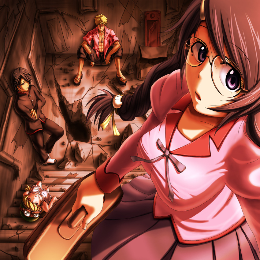 bad_id bakemonogatari glasses hanekawa_tsubasa highres monogatari_(series) oshino_meme oshino_shinobu school_uniform stairs suitcase taguchi_takahiro