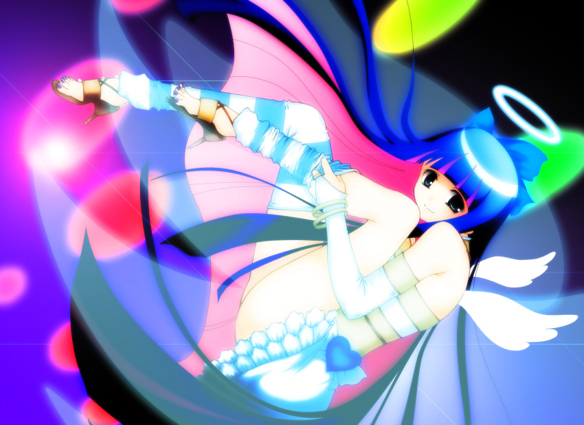 angel_wings bare_shoulders green_eyes hair_ribbon halo highres long_hair multicolored_hair nail_polish panty_&amp;_stocking_with_garterbelt ribbon skirt smile solo stocking_(character) stocking_(psg) striped striped_legwear striped_thighhighs thigh-highs thighhighs two-tone_hair wings yashiwo_(7th-heaven)