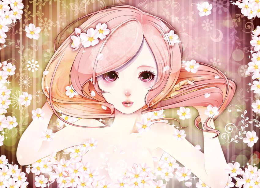 cherry_blossoms flower lips long_hair original solo stare