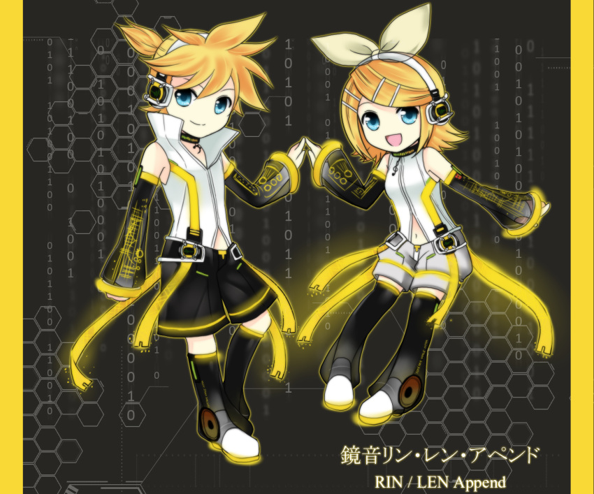 :d blonde_hair blue_eyes brother_and_sister chibi choker detached_sleeves earphones elbow_gloves female fingerless_gloves gloves hair_ornament hair_ribbon hairclip headphones high_collar kagamine_len kagamine_len_(append) kagamine_rin kagamine_rin_(append) len_append long_gloves male navel navel_cutout nurun_najwah ponytail ribbon rin_append short_hair shorts siblings smile twins vocaloid vocaloid_append