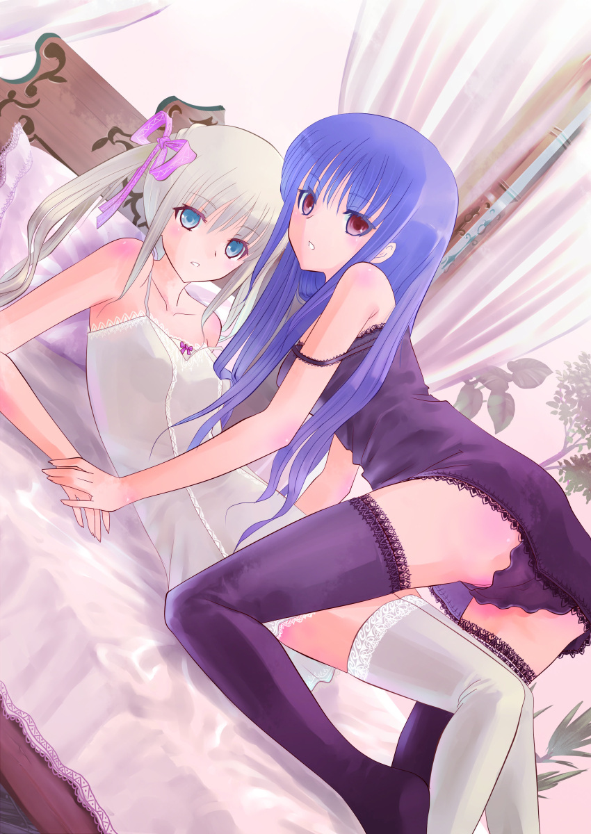 absurdres all_fours bare_shoulders bed black_legwear black_thighhighs blue_eyes blue_hair chemise colored_eyelashes dutch_angle eyelashes girl_on_top hair_ribbon highres kakuno lace lace-trimmed_thighhighs long_hair looking_at_viewer multiple_girls open_mouth original panties red_eyes ribbon strap_slip thigh-highs thighhighs twintails underwear white_hair white_legwear white_thighhighs yuri