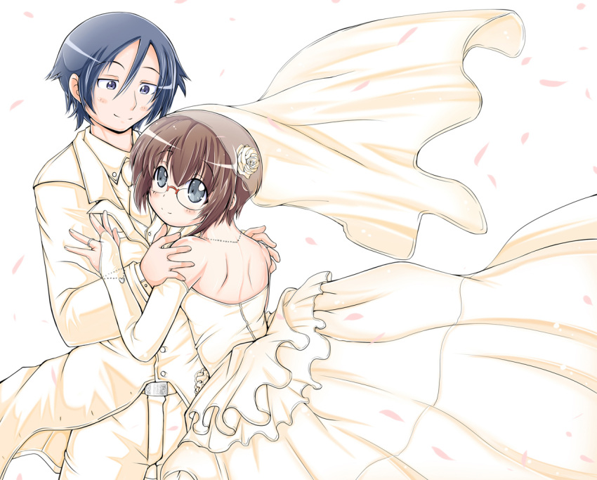 1girl bare_shoulders black_eyes bridal_veil brown_hair couple dress flower glasses good_end jewelry kousaka_kyousuke mad_(hazukiken) ore_no_imouto_ga_konna_ni_kawaii_wake_ga_nai ring short_hair tamura_manami veil wedding wedding_dress