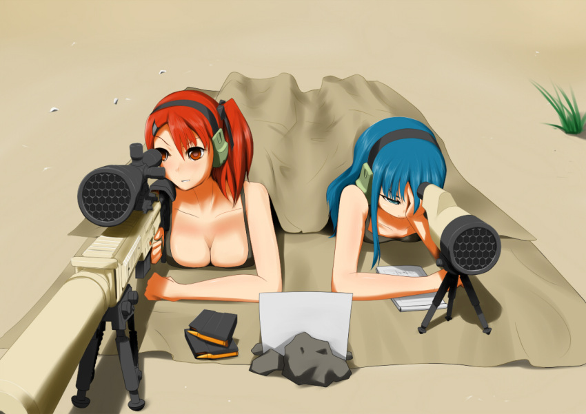 breasts cartridge cleavage copyright_request ear_protection earmuffs gun m110_sass magazine_(weapon) notepad scope weapon