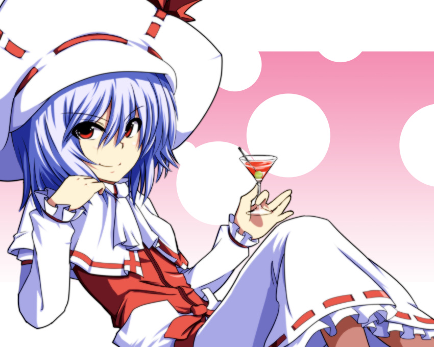 &gt;:) ascot blue_hair capelet curiosities_of_lotus_asia drink hat leon_7 martini no_wings red_eyes remilia_scarlet short_hair skirt smile solo touhou