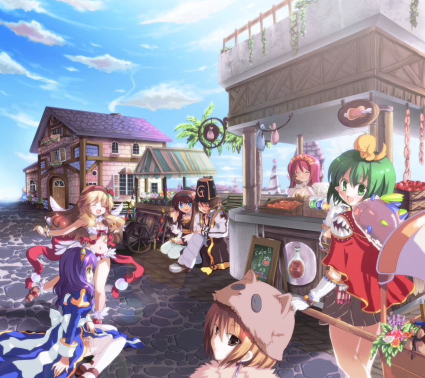 alchemist_(ragnarok_online) alternate_color apple archbishop blonde_hair blue_eyes bow bracelet breasts brown_eyes brown_hair cart cleavage closed_eyes cloud clouds creator dog eyes_closed fish fishnets flower food fruit garter_straps green_eyes green_hair hairband hat high_priest highres hizukiryou jewelry lace lace-trimmed_thighhighs long_hair maid_headdress meat midriff navel open_mouth pink_hair potion purple_hair ragnarok_online sausage short_hair sky smile thigh-highs thighhighs vanilmirth wanderer white_legwear white_thighhighs wings