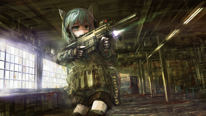 animal_ears aqua_eyes aqua_hair assault_rifle bad_id fingerless_gloves flashlight fn_scar gloves gun heterochromia highres indoors laser_sight lm7_(op-center) mecha_to_identify op-center operator original rifle scar-h short_hair skirt solo sunlight suppressor thigh-highs thighhighs trigger_discipline vertical_foregrip weapon zettai_ryouiki