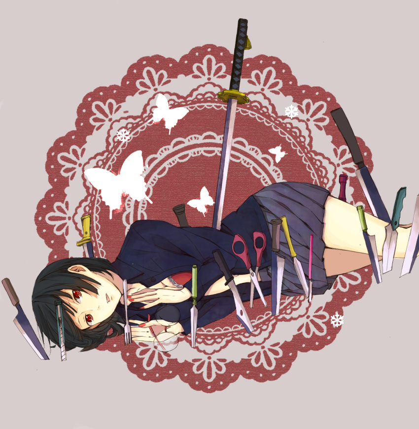 amyu_amyu black_hair bob_cut boxcutter bra breasts butterfly cleavage durarara!! fingernails fork glasses glasses_removed highres knife large_breasts lingerie lying machete nail nail_polish nails on_side open_clothes open_shirt pleated_skirt red_bra red_eyes school_uniform scissors shirt short_hair skirt snowflakes solo sonohara_anri sword underwear weapon