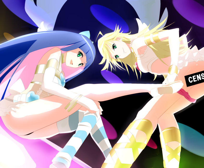 ace_(hyper_otintin_time) angel_wings armband bare_shoulders blonde_hair censored green_eyes jewelry legs long_hair multicolored_hair multiple_girls open_mouth panties panty_&amp;_stocking_with_garterbelt panty_(character) panty_(psg) pink_panties siblings sisters stocking_(character) stocking_(psg) striped striped_legwear striped_thighhighs thigh-highs thighhighs two-tone_hair underwear undressing wings wristband
