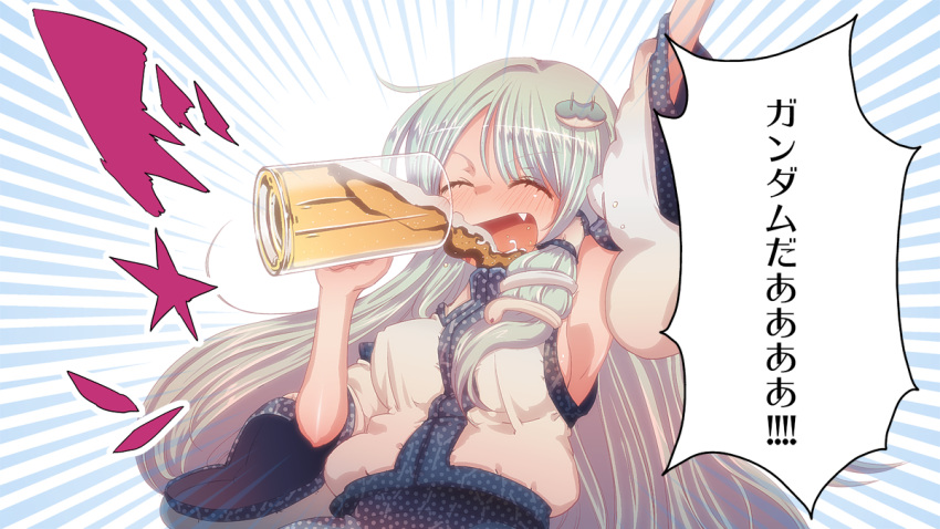 arm_up armpits beer blush breasts closed_eyes cream_(artist) cream_(nipakupa) cup detached_sleeves drinking eyes_closed fang frog green_hair hair_ornament kochiya_sanae long_hair mug open_mouth snake solo touhou translated