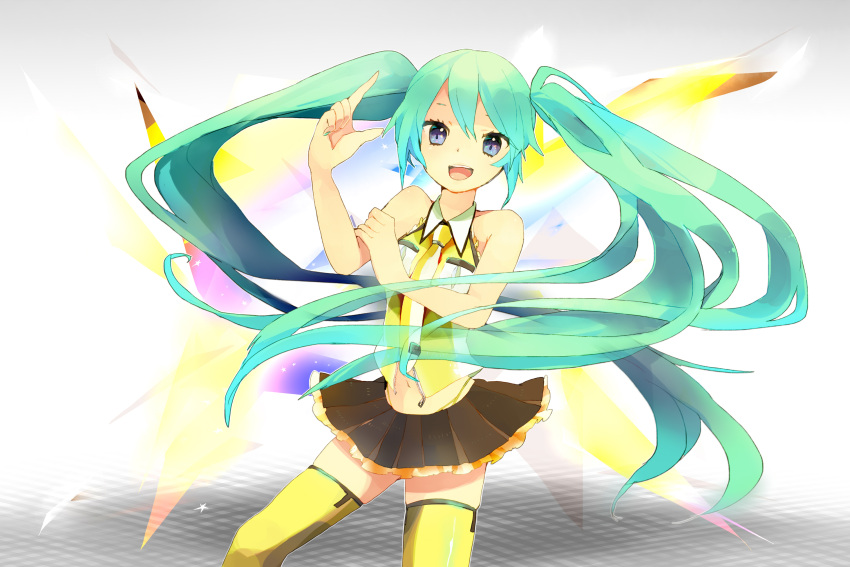 aqua_hair bad_id blue_eyes hatsune_miku highres long_hair mayoz navel necktie project_diva project_diva_2nd skirt smile solo thigh-highs thighhighs twintails very_long_hair vocaloid yellow_(vocaloid) zettai_ryouiki