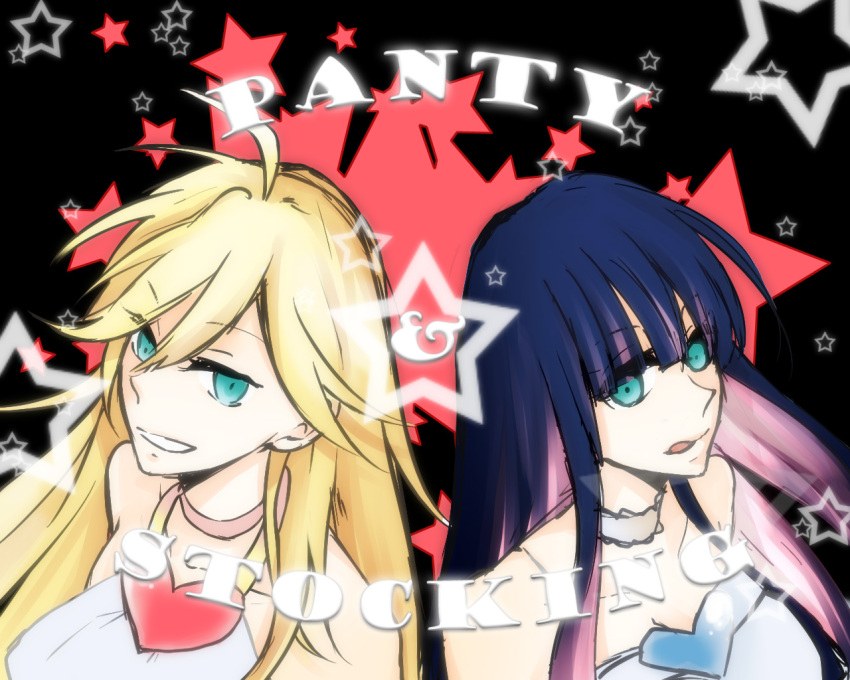 blonde_hair blue_hair breasts choker green_eyes grin heart licking long_hair multicolored_hair multiple_girls nayuu panty_&amp;_stocking_with_garterbelt panty_(character) panty_(psg) pink_hair siblings sisters smile star stocking stocking_(character) stocking_(psg) thighhighs tongue two-tone_hair