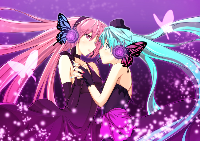 aqua_eyes aqua_hair bare_shoulders butterfly butterfly_hair_ornament butterfly_wings choker dress elbow_gloves eye_contact fingerless_gloves gloves hair_ornament hand_holding hat hatsune_miku headphones headset holding_hands long_hair looking_at_another magnet_(vocaloid) megurine_luka mini_top_hat mtu multiple_girls nail_polish pink_eyes pink_hair strapless_dress top_hat twintails very_long_hair vocaloid wings yuri