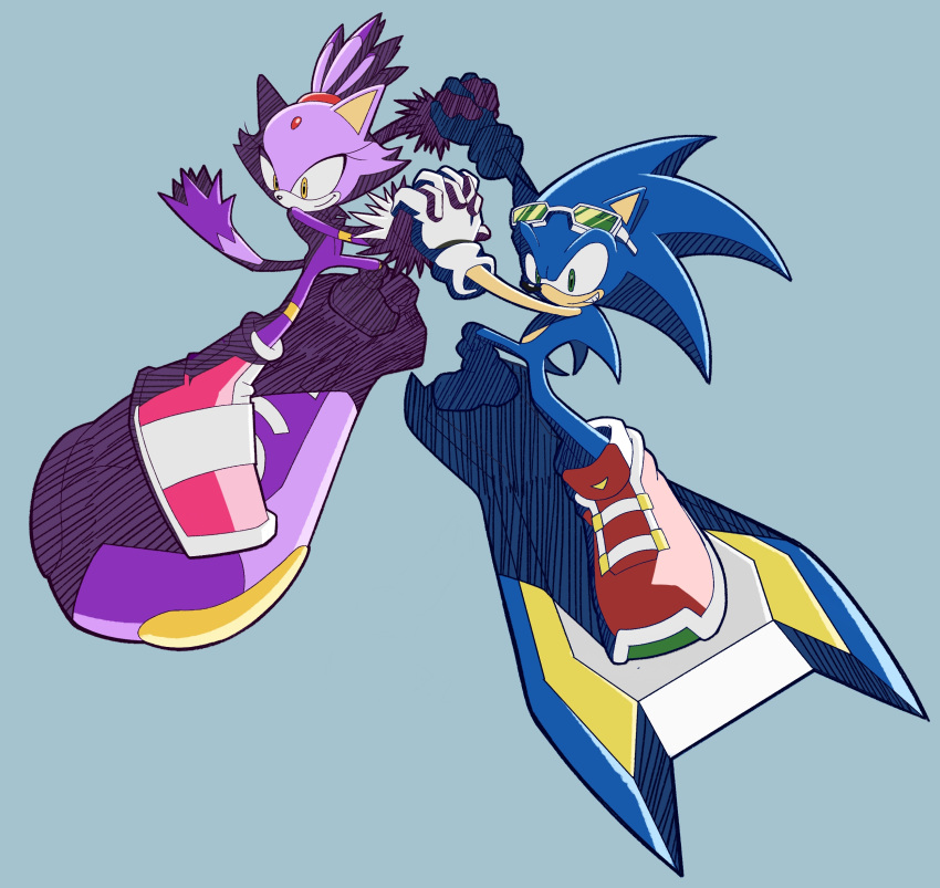 1boy 1girl absurdres blaze_the_cat blaze_the_cat_(riders) blue_background bodysuit cat_girl cat_tail eyewear_on_head furry furry_female furry_male grin hedgehog_boy highres holding_hands hoverboard official_alternate_costume pocho22059768 shoes smile sneakers sonic_(series) sonic_riders sonic_riders_(series) sonic_rush sonic_the_hedgehog sonic_the_hedgehog_(riders) tail track_suit yellow_eyes