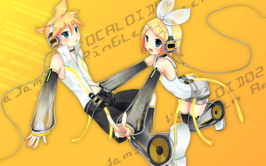 blue_eyes brother_and_sister detached_sleeves elbow_gloves fingerless_gloves gloves hair_ornament hair_ribbon hairclip headphones highres kagamine_len kagamine_len_(append) kagamine_rin kagamine_rin_(append) len_append mamakari navel popped_collar ribbon rin_append short_hair shorts siblings thigh-highs thighhighs twins vocaloid vocaloid_append wallpaper
