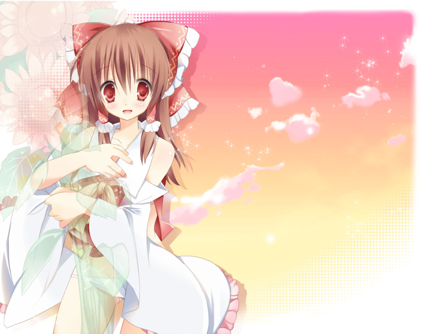 bad_id bouquet bow brown_hair detached_sleeves flower flower_bouquet hair_bow hakurei_reimu long_hair looking_at_viewer m_(tokui1213) miko object_hug open_mouth panties red_eyes smile solo sunflower tareme tokui touhou transparent underwear