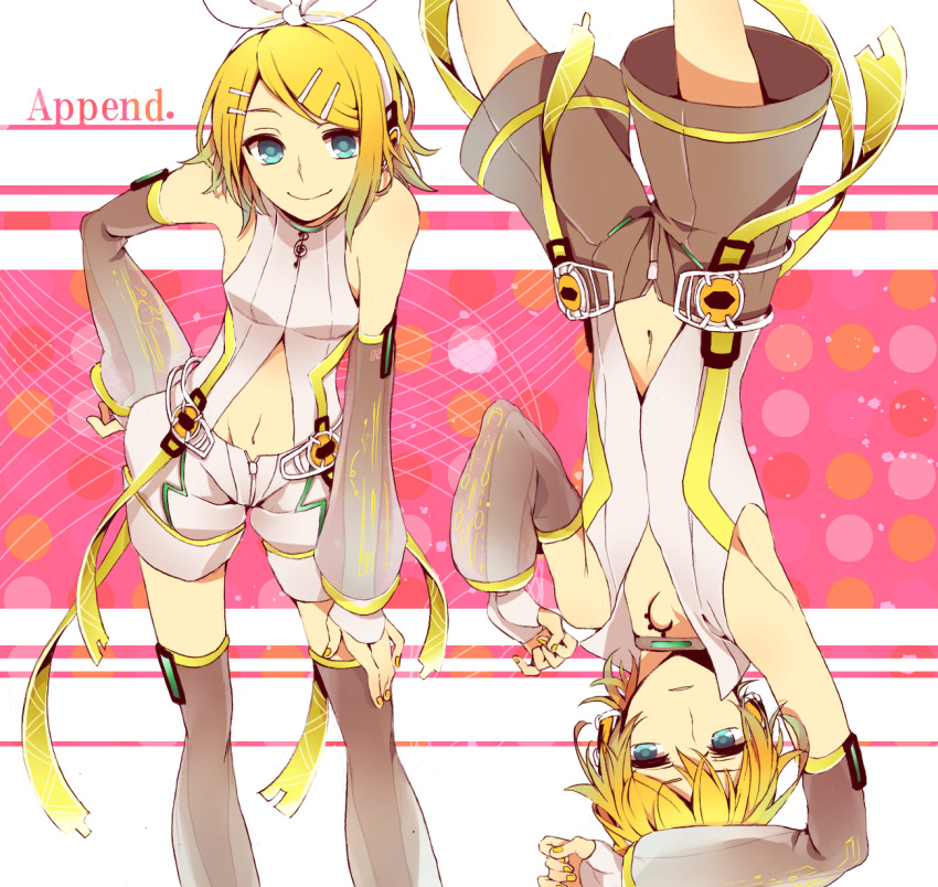 arm_warmers blonde_hair brother_and_sister detached_sleeves fingerless_gloves gloves hair_ornament hair_ribbon hairclip highres kagamine_len kagamine_len_(append) kagamine_rin kagamine_rin_(append) len_append navel navel_cutout ribbon rin_append shivue short_hair shorts siblings smile twins vocaloid vocaloid_append