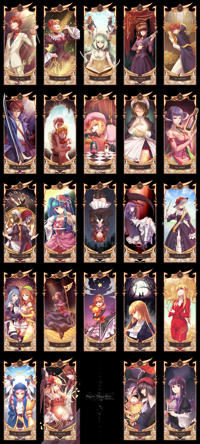 alternate_hairstyle art_nouveau back beatrice beatrice_castiglioni belt black_eyes black_hair black_legwear blonde_hair blood blue_eyes blue_hair bonnet book bottle breasts brown_eyes brown_hair butterfly cape cat_tail chain chains choker claire_bernardus cleavage closed_eyes cornelia_(umineko) couple crown dlanor_a_knox dress drill_hair elbow_gloves epic eva_beatrice featherine_augustus_aurora flower formal frederica_bernkastel frills furfur furudo_erika garter_belt gertrude gloves gun hair_flower hair_ornament hat highres holding_hands jacket jewelry kanon_(umineko) kiseru knife lambdadelta lolita_fashion long_hair maid necklace necktie petals pipe pleated_skirt ponytail pumpkin red_hair redhead ribbon sakutarou scarf scythe shannon silver_hair skirt staff star striped striped_legwear striped_thighhighs stuffed_animal stuffed_toy suit sword tail tarot tarot_set tears thighhighs twintails umineko_no_naku_koro_ni ushiromiya_ange ushiromiya_battler ushiromiya_jessica ushiromiya_kinzou ushiromiya_lion ushiromiya_maria ushiromiya_natsuhi ushiromiya_rosa virgilia weapon willard_h_wright yellow_eyes yeruen zepar zettai_ryouiki