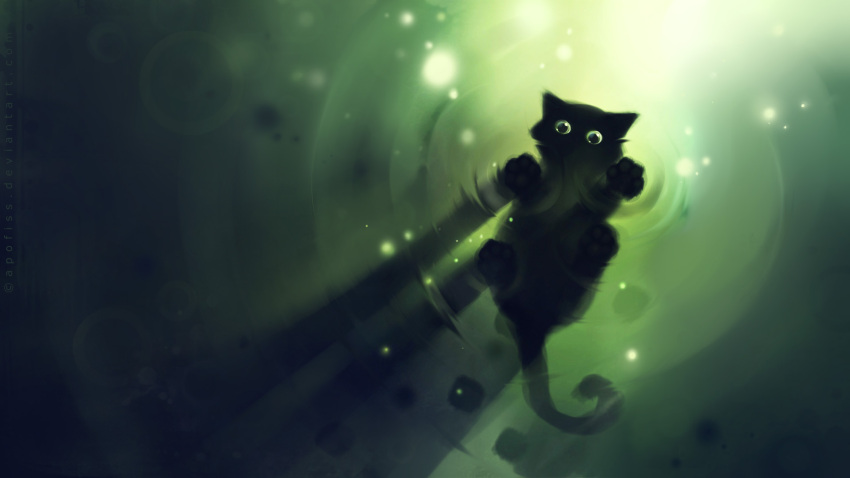 1920x1080 animal apofiss black cat feline green paws ripples stare wallpaper water