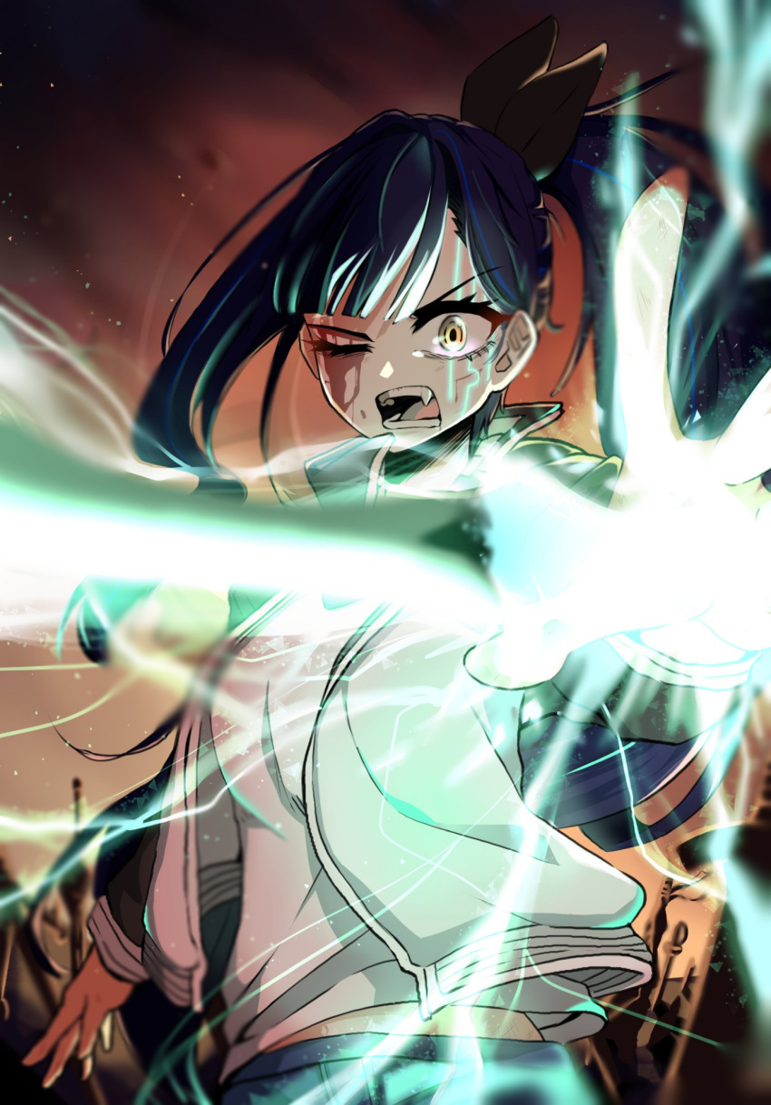 1girl black_jacket blood blood_on_face blue_hair breasts cosplay emiya_shirou emiya_shirou_(cosplay) fate/stay_night fate_(series) field_of_blades gears highres jacket lilpa long_hair long_sleeves magic_circuit multicolored_hair multiple_swords multiple_weapons open_clothes open_jacket open_mouth orange_eyes outstretched_arm planted planted_sword raglan_sleeves reaching reaching_towards_viewer shirt side_ponytail solo standing streaked_hair sword too_many_weapons unlimited_blade_works_(reality_marble) violet_eyes virtual_youtuber waktaverse weapon white_jacket