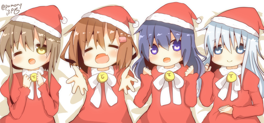 4girls =_= akatsuki_(kantai_collection) blue_eyes brown_eyes brown_hair closed_eyes closed_mouth fang hair_between_eyes hair_ornament hairclip hat hibiki_(kantai_collection) ikazuchi_(kantai_collection) inazuma_(kantai_collection) kantai_collection long_hair long_sleeves multiple_girls one_eye_closed open_mouth pumo_(kapuchiya) purple_hair reaching_out ribbon santa_costume santa_hat short_hair silver_hair smile twitter_username violet_eyes white_ribbon