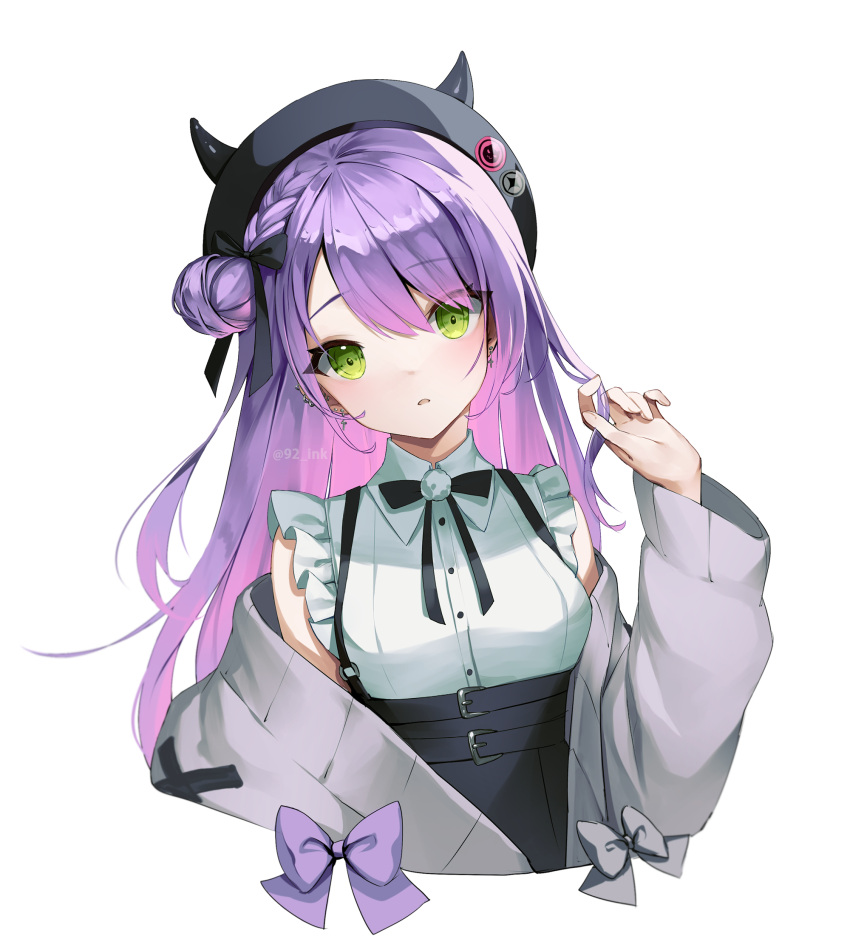 1girl ankkoyom badge bangs bare_shoulders beret black_headwear black_neckwear black_ribbon bow button_badge collared_shirt cropped_torso ear_piercing eyebrows_visible_through_hair green_eyes grey_bow hair_bun hand_in_hair hand_up hat head_tilt high-waist_skirt highres hololive long_hair long_sleeves looking_at_viewer neck_ribbon off_shoulder parted_lips piercing purple_bow purple_hair ribbon shirt side_bun simple_background skirt solo suspender_skirt suspenders tokoyami_towa twitter_username upper_body virtual_youtuber white_background white_shirt