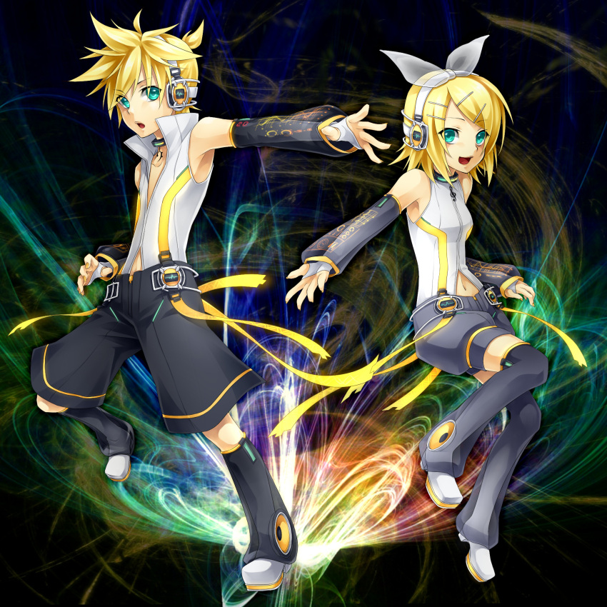 arm_warmers bad_id blonde_hair brother_and_sister detached_sleeves fingerless_gloves gloves hair_ornament hair_ribbon hairclip headphones highres kagamine_len kagamine_len_(append) kagamine_rin kagamine_rin_(append) leg_warmers navel navel_cutout ribbon short_hair shorts siblings smile twins ueno_tsuki vocaloid vocaloid_append