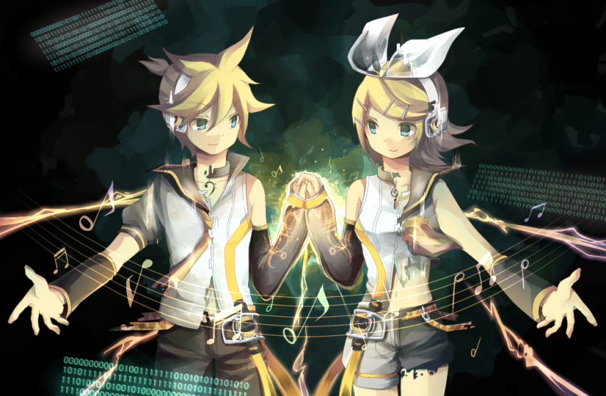 aqua_eyes arm_warmers binary blonde_hair brother_and_sister dissolving_clothes hair_ornament hair_ribbon hairclip headphones kagamine_len kagamine_len_(append) kagamine_rin kagamine_rin_(append) musical_note navel ribbon short_hair shorts siblings smile twins vocaloid vocaloid_append