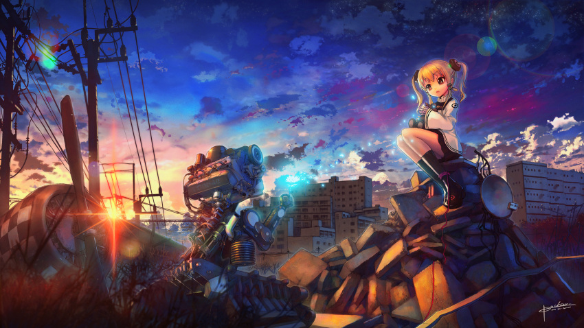 :o blonde_hair city cloud clouds flower from_ground glowing grass highres ize junk lens_flare original petals power_lines propeller red_string robot rubble satellite_dish scenery sitting sky solo string sunset twintails