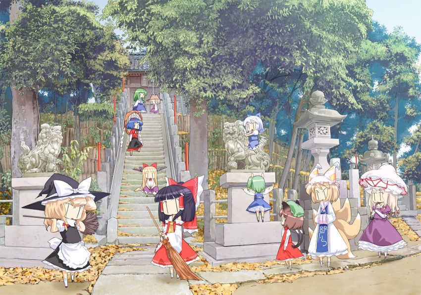 6+girls chen cirno daiyousei forest hakurei_reimu highres ibuki_suika jpeg_artifacts kirisame_marisa kochiya_sanae komainu moriya_suwako multiple_girls multiple_tails nature scenery shrine stairs statue stone_lantern tail touhou yakumo_ran yakumo_yukari yamazaki_mitsuru yasaka_kanako