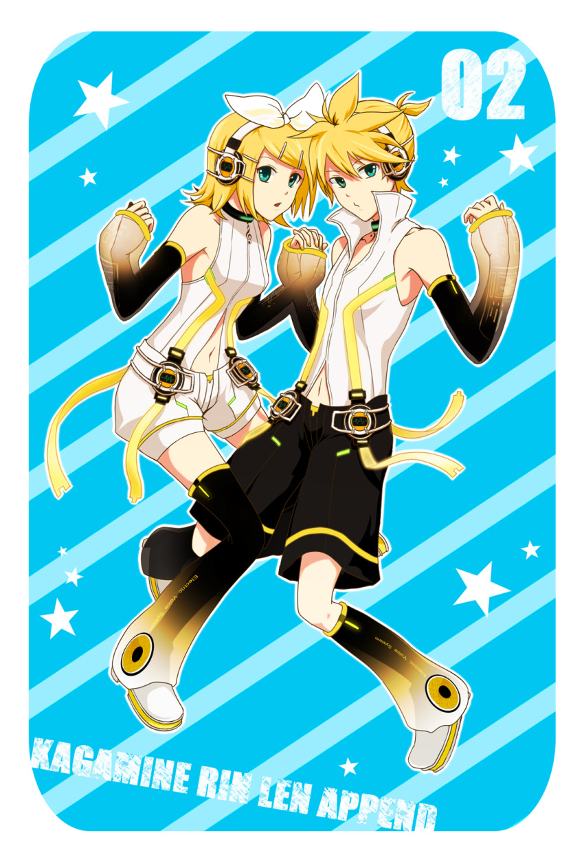 aqua_eyes arm_warmers bad_id blonde_hair brother_and_sister character_name detached_sleeves hair_ornament hair_ribbon hairclip headphones highres kagamine_len kagamine_len_(append) kagamine_rin kagamine_rin_(append) navel navel_cutout ribbon short_hair shorts siblings twins vocaloid vocaloid_append