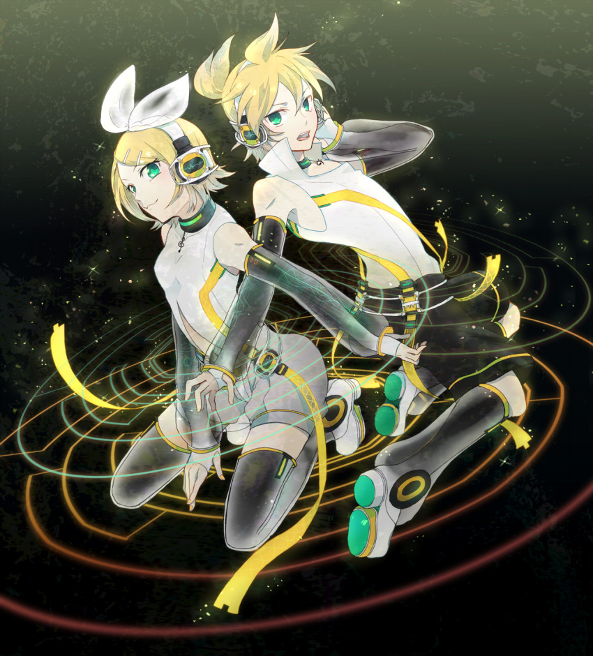 arm_warmers bad_id blonde_hair brother_and_sister detached_sleeves hair_ornament hair_ribbon hairclip headphones highres ikuryomaga kagamine_len kagamine_len_(append) kagamine_rin kagamine_rin_(append) leg_warmers ribbon short_hair shorts siblings smile twins vocaloid vocaloid_append